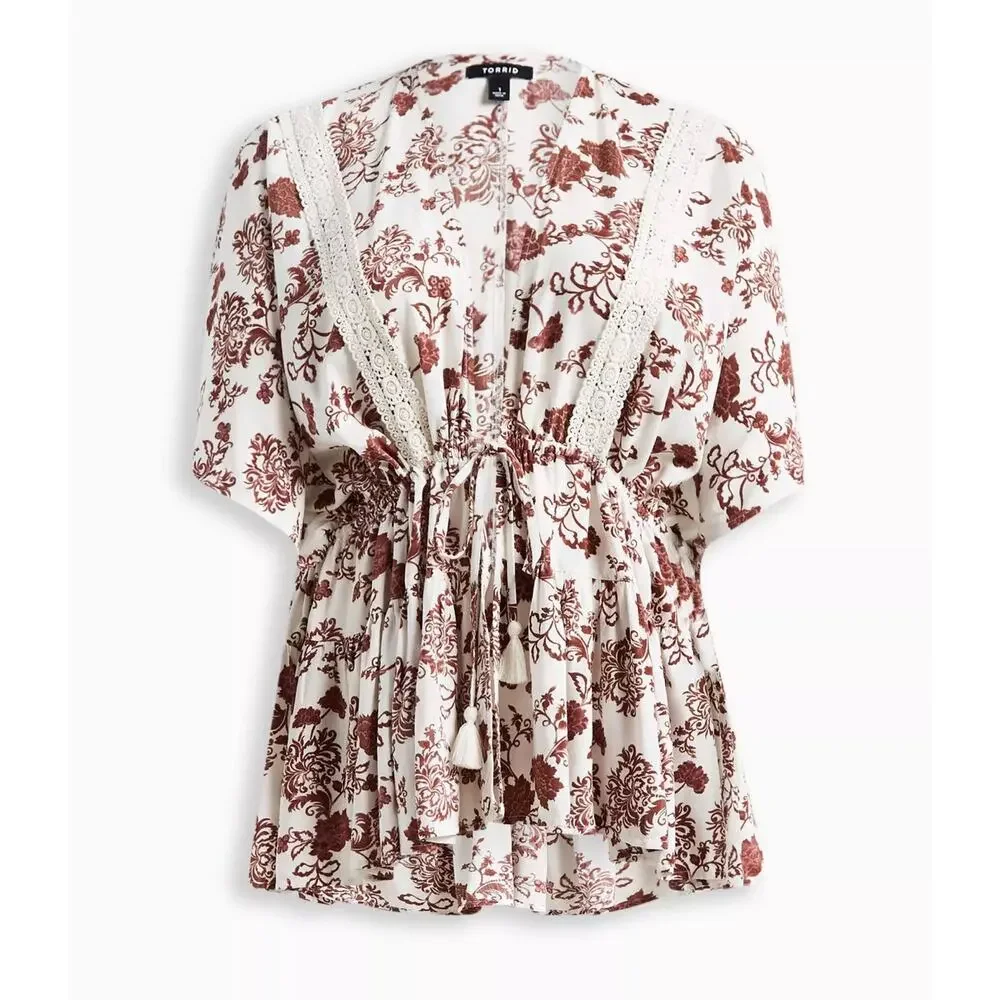 Torrid Lace Trim Tie Waist Kimono Brown White Floral 5X‎ Spring Summer Boho